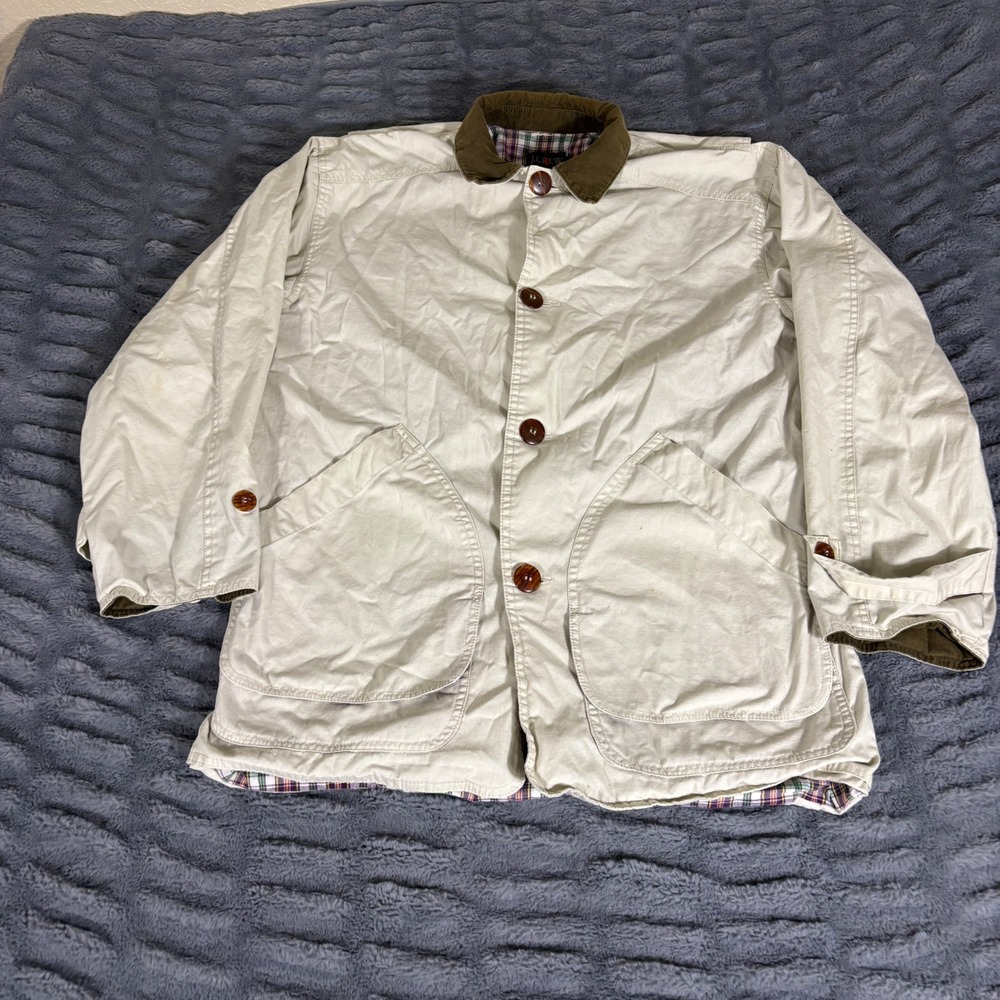 J.Crew Men Small Beige Cotton Barn Jacket Plaid Lined Corduroy Collar Field Coat